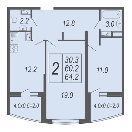 2 комнатная 64.2м²