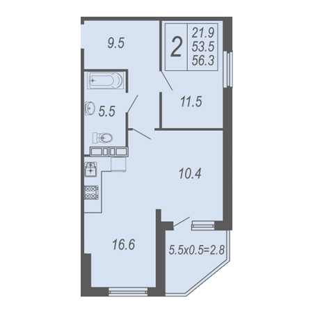 1 комнатная 56.3м²