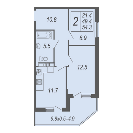 2 комнатная 54.3м²