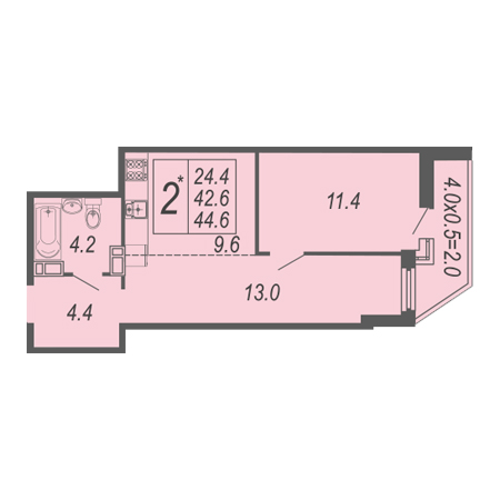 1 комнатная 44.6м²