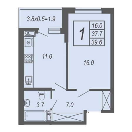 1 комнатная 39.6м²