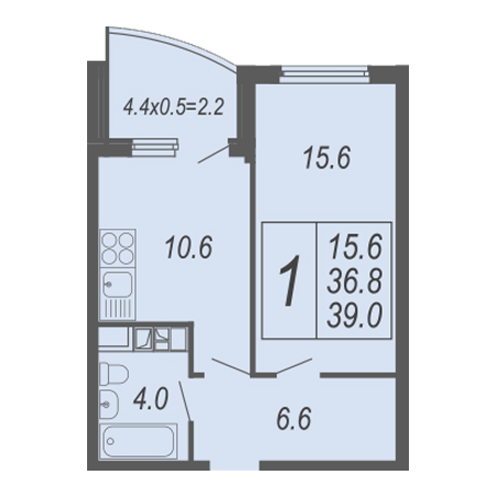 1 комнатная 39м²