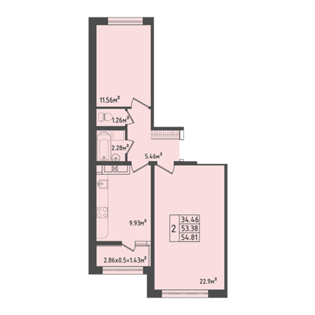 2 комнатная 54.81м²