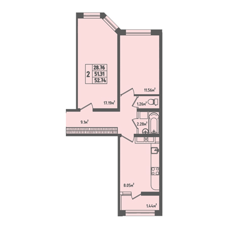 2 комнатная 52.74м²