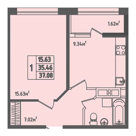 1 комнатная 37.08м²