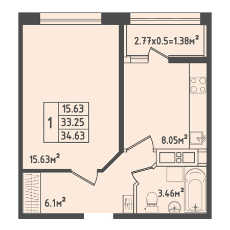 1 комнатная 34.63м²