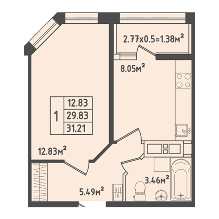 1 комнатная 31.21м²