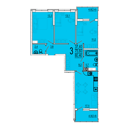 3 комнатная 80.4м²