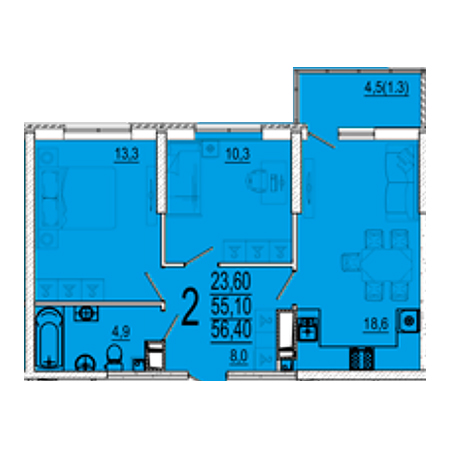 2 комнатная 56.4м²