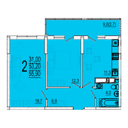 2 комнатная 55.9м²