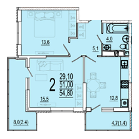 2 комнатная 54.8м²