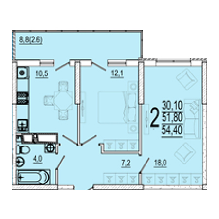 2 комнатная 54.4м²