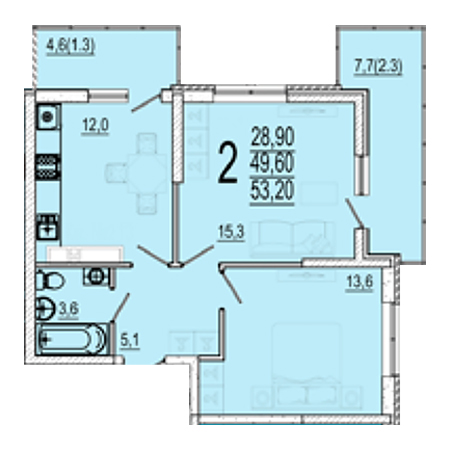 2 комнатная 53.2м²