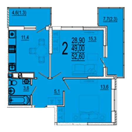 2 комнатная 52.6м²