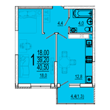 2 комнатная 40.5м²