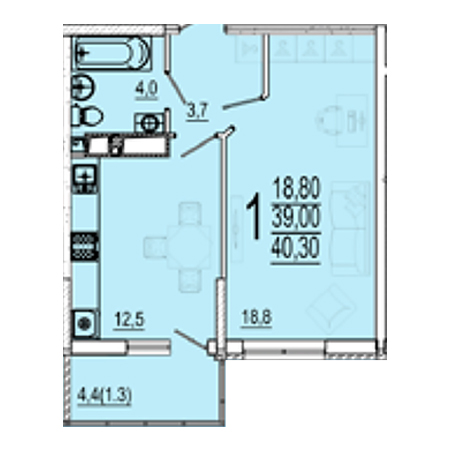 1 комнатная 40.3м²