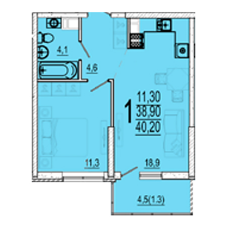 1 комнатная 40.2м²