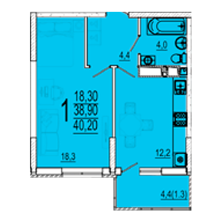 1 комнатная 40.2м²