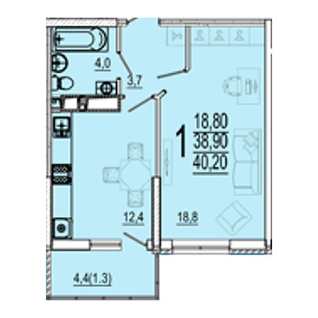 1 комнатная 40.2м²