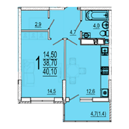 1 комнатная 40.1м²