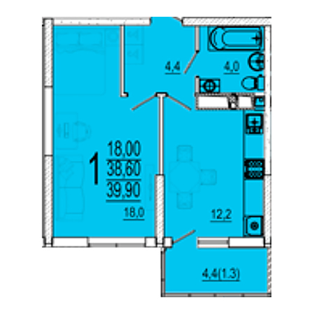 1 комнатная 39.9м²