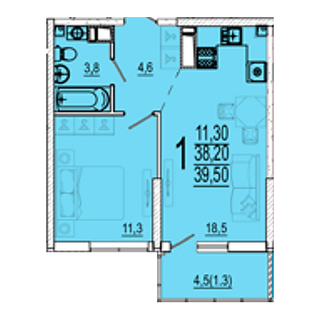 1 комнатная 39.5м²