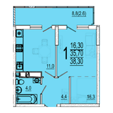 1 комнатная 38.3м²