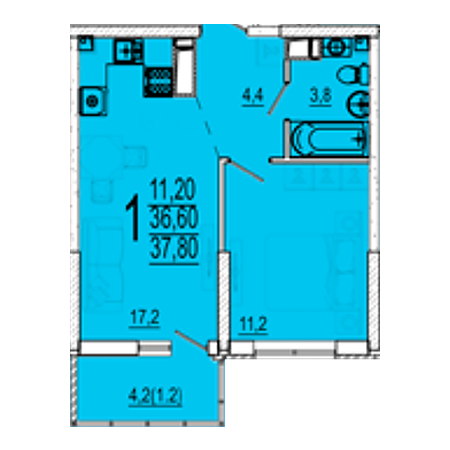 1 комнатная 37.8м²