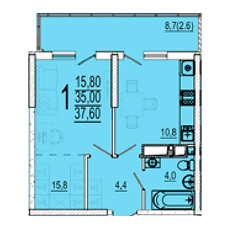 1 комнатная 37.6м²