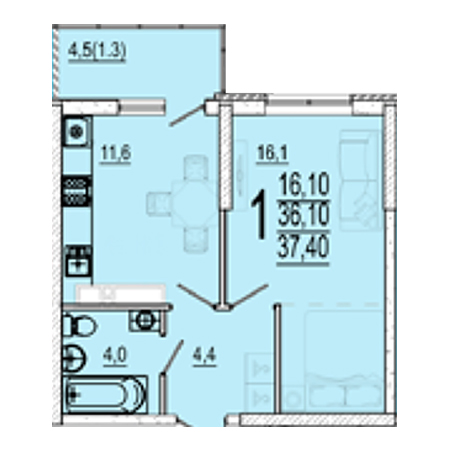 1 комнатная 37.4м²