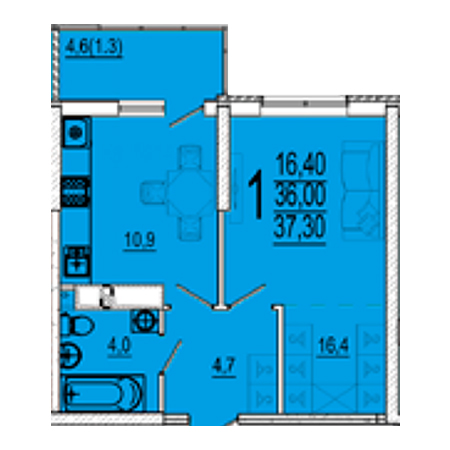 1 комнатная 37.3м²