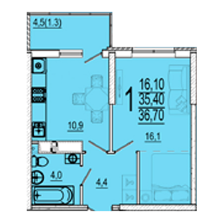 1 комнатная 36.7м²