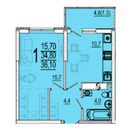 1 комнатная 36.1м²