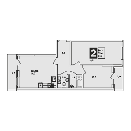 2 комнатная 67.3м²