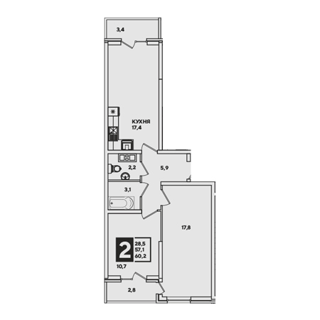 2 комнатная 60.2м²