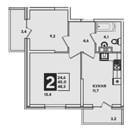 2 комнатная 48.3м²