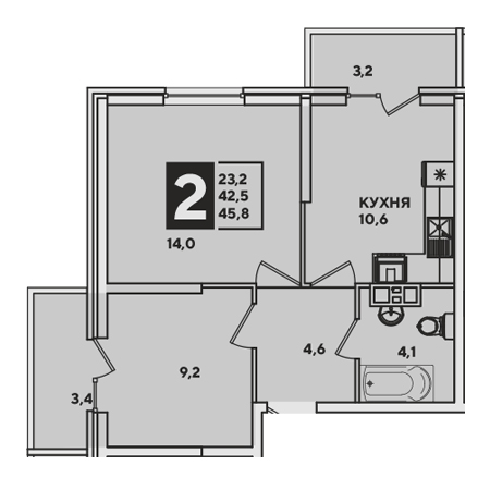 2 комнатная 45.8м²