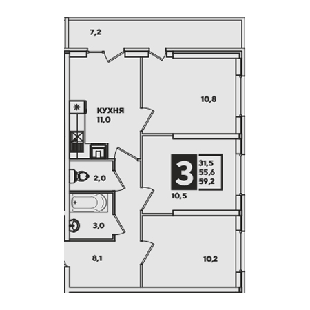 3 комнатная 59.2м²