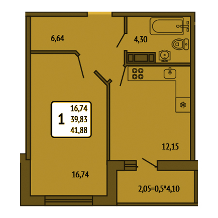 1 комнатная 41.88м²