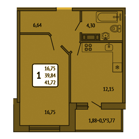 1 комнатная 41.72м²