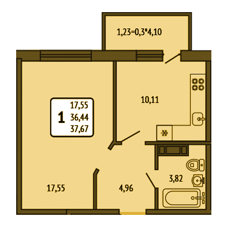 1 комнатная 37.67м²