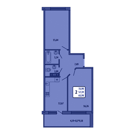 2 комнатная 61.98м²