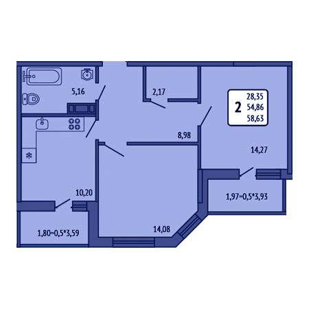 2 комнатная 58.63м²