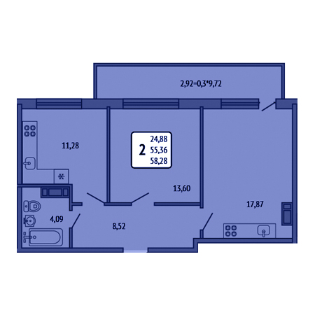 2 комнатная 58.28м²