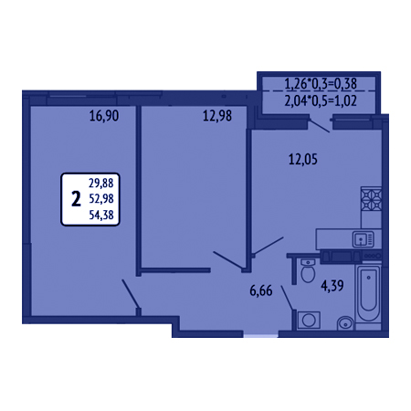 2 комнатная 54.38м²