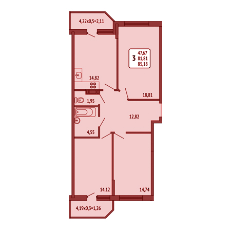 3 комнатная 85.18м²