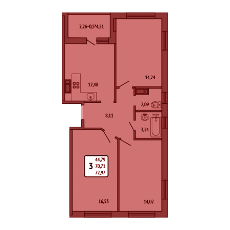 3 комнатная 72.97м²