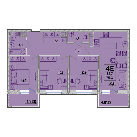 3 комнатная 75м²