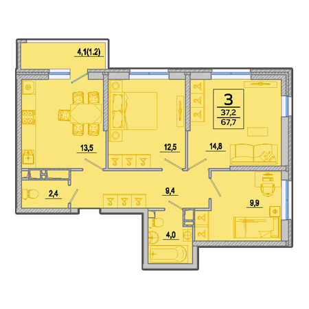 3 комнатная 67.7м²