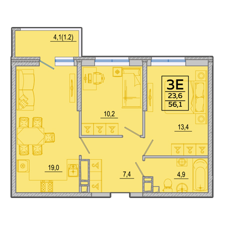 2 комнатная 56.1м²